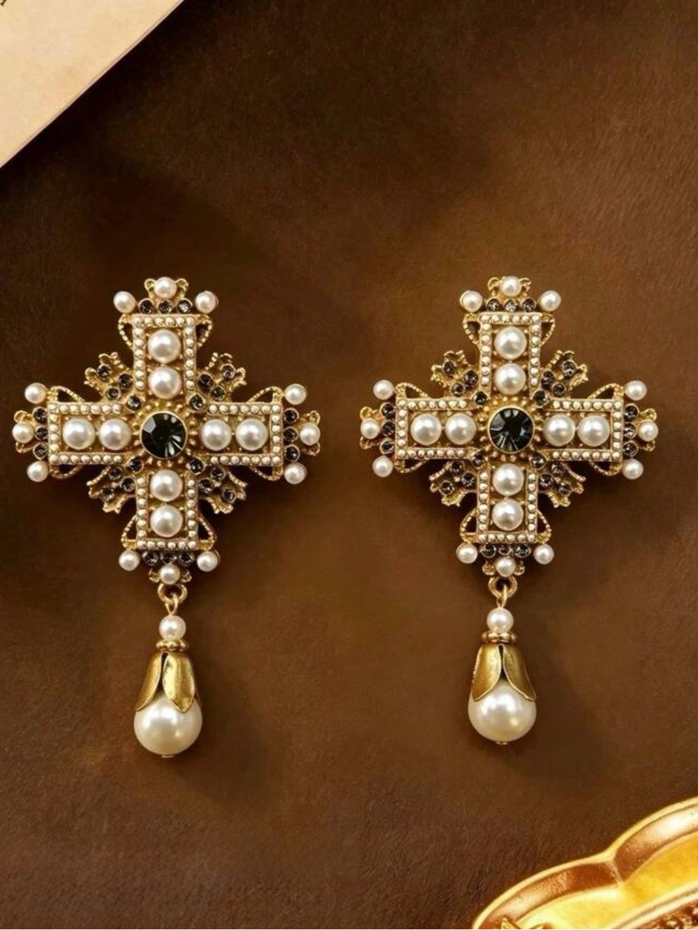 Gold Pearl Cross Drop Earrings with Black Crystal Accents